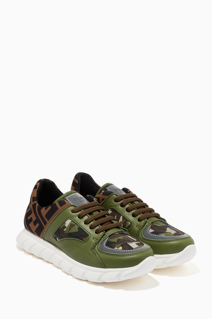 

FF Logo Camo Sneakers in Leather, Green