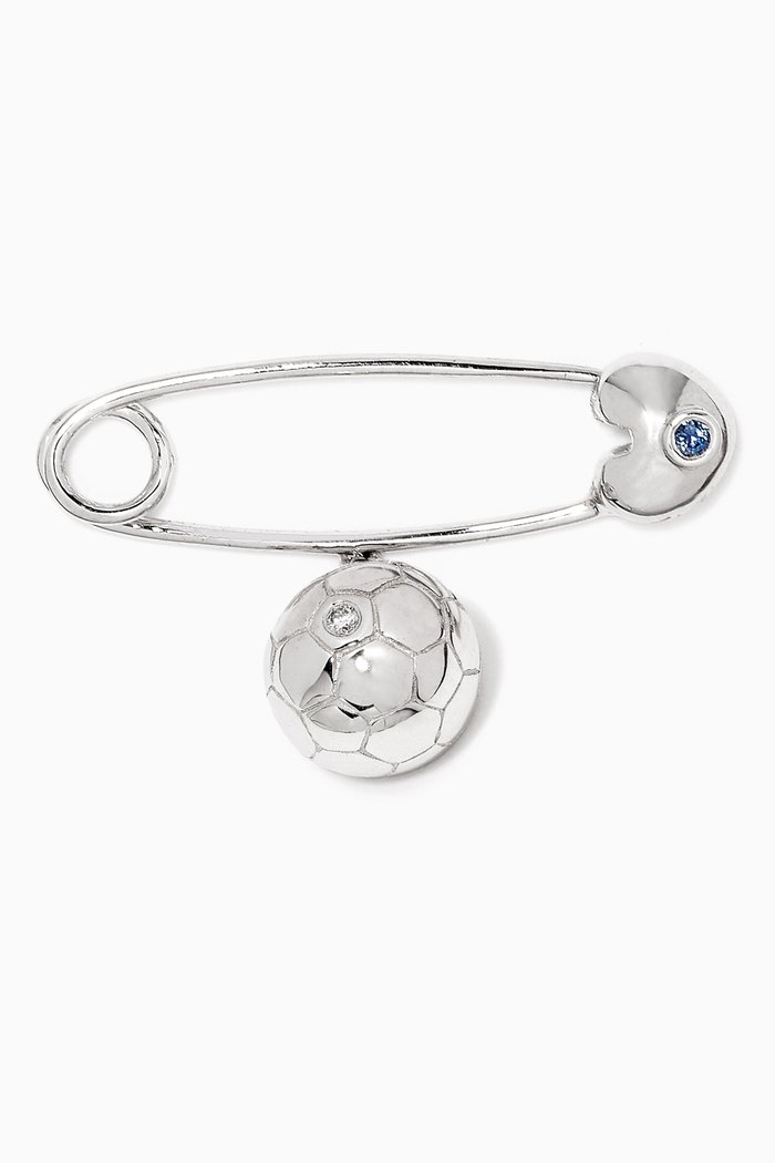 

"It's A Boy!" Soccer Ball Diamond & Sapphire Brooch in 18kt White Gold