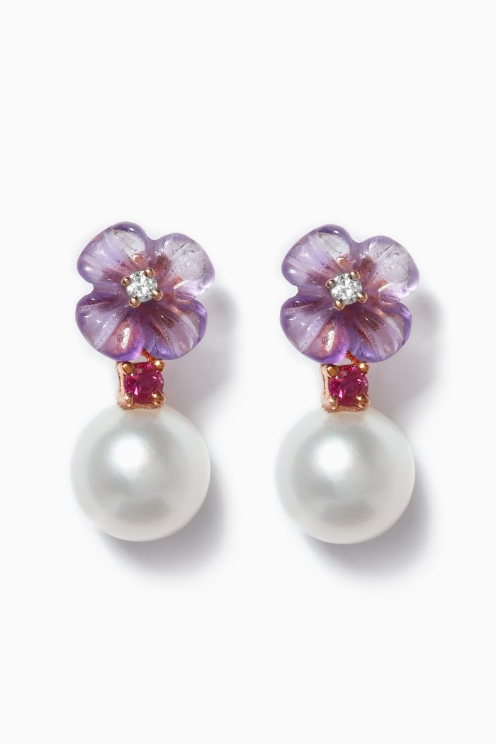Floral Earrings with Pearl, Ruby & Diamond in 18kt Rose Gold