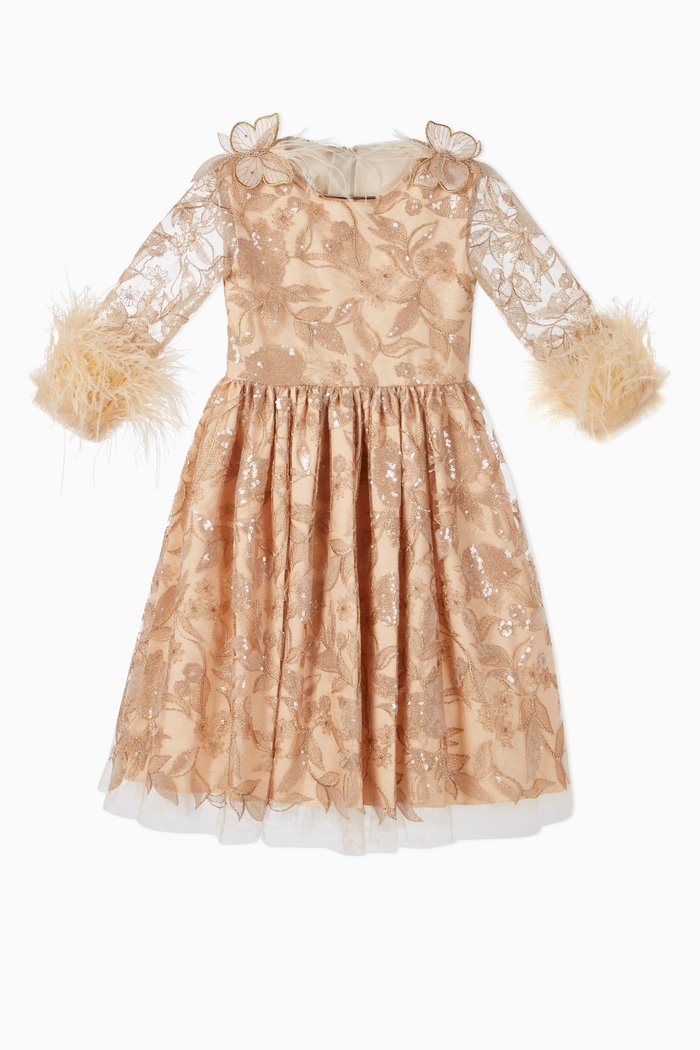 

Feather Detail Sequinned Lace Dress, Gold
