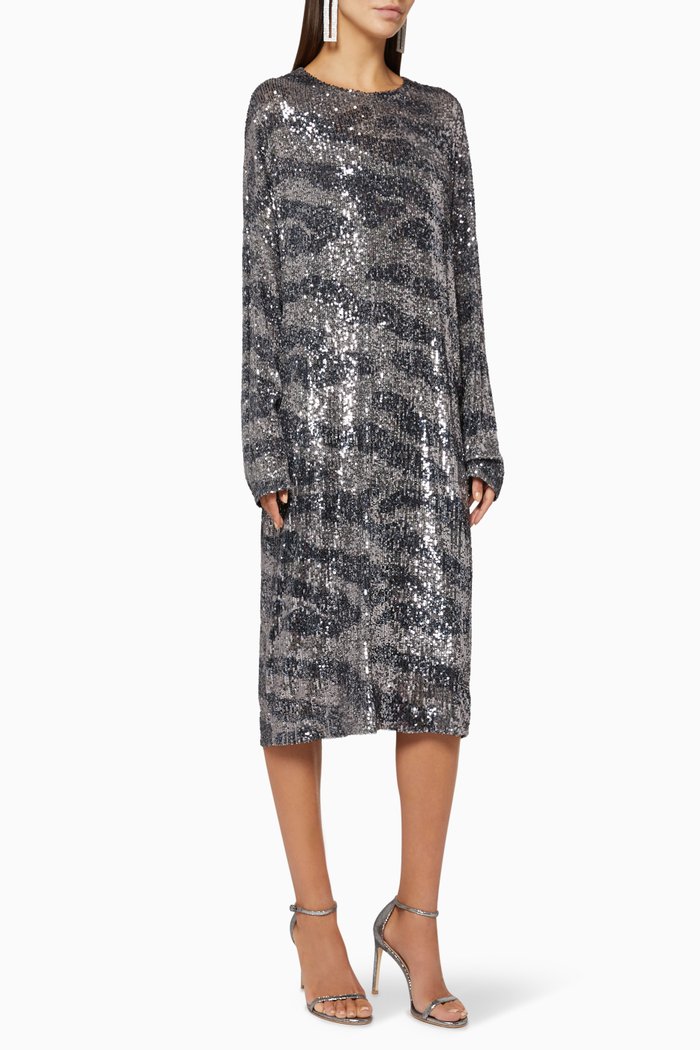 Elisa Camouflage Sequin Dress, Grey