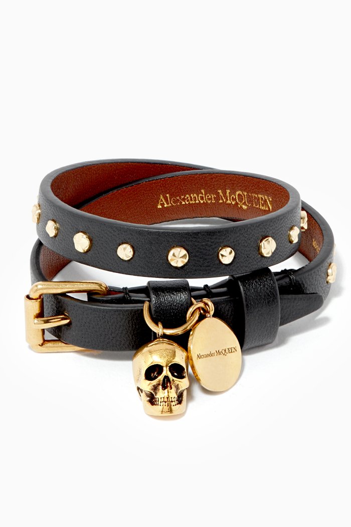 

Hammered Studs Double Wrap Bracelet in Leather, Black