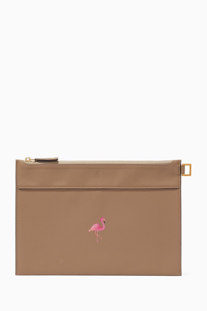 Medium Flamingo Pouch in Leather, Neutral