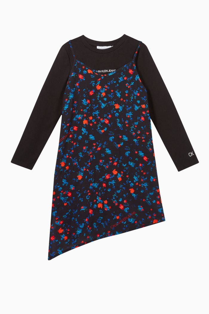 

Floral Viscose 2-in-1 Asymmetric Dress, Black