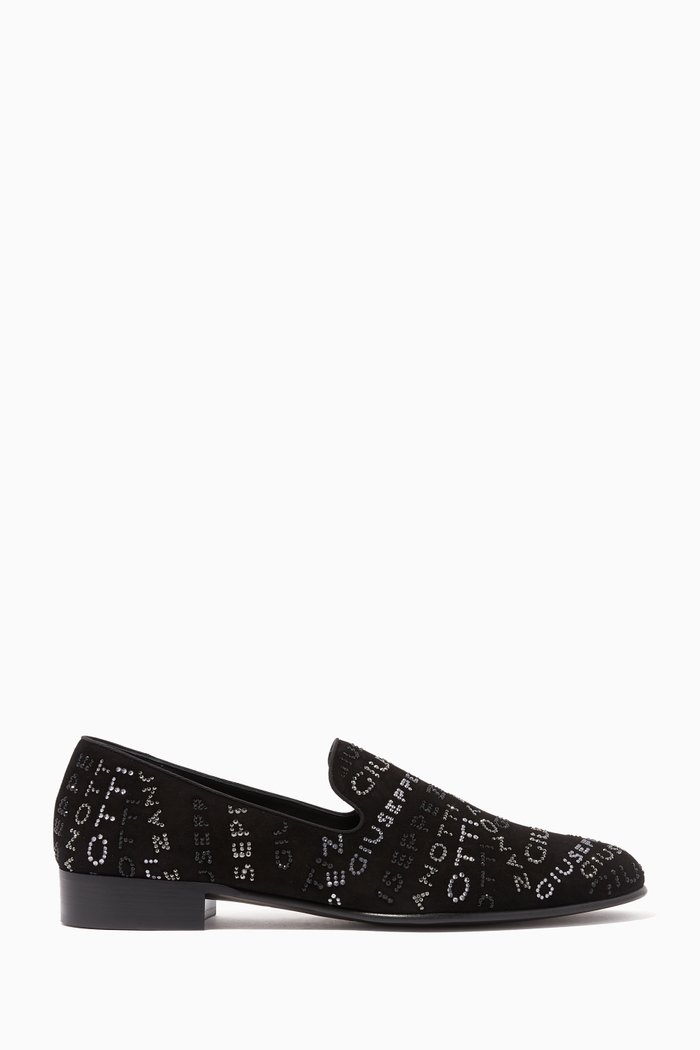 

G-Glam Loafers in Crystal-Embellished Suede, Black