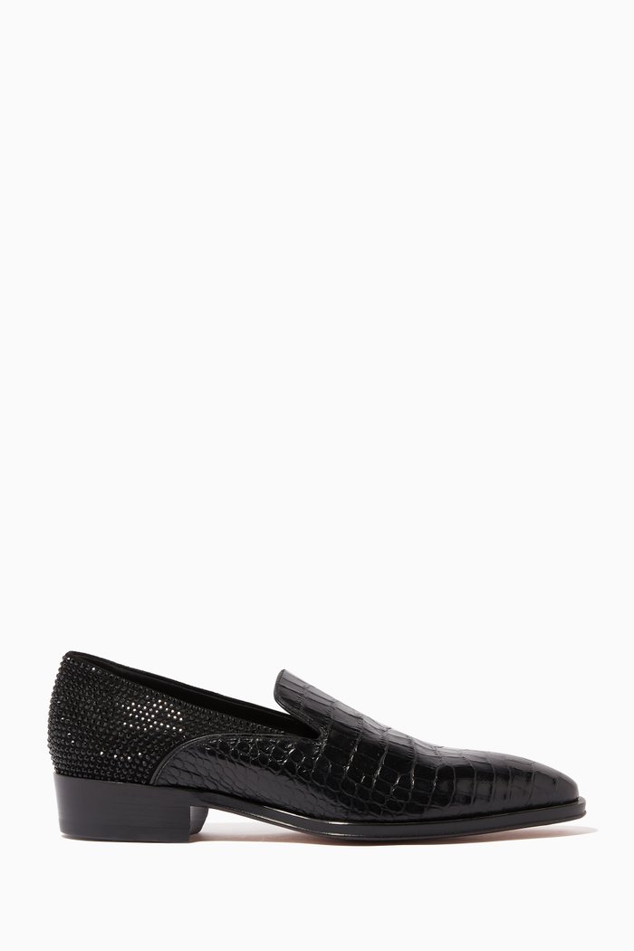 Benson Moccasins in Crocodile-Embossed Leather, Black