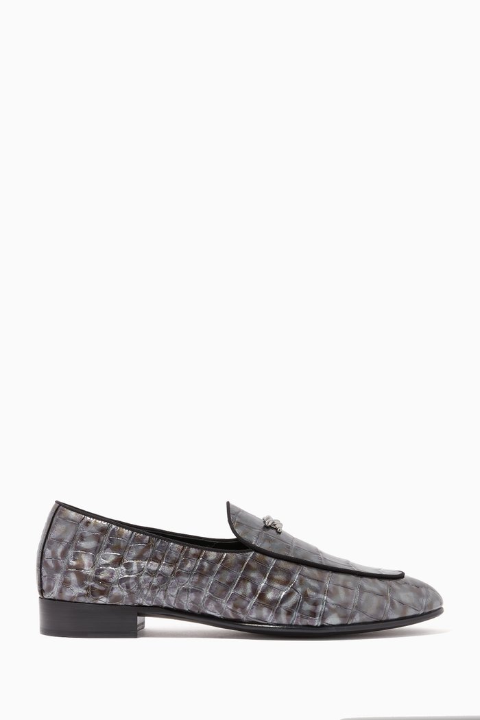 

Bizet Moccasins in Crocodile-Embossed Leather, Grey