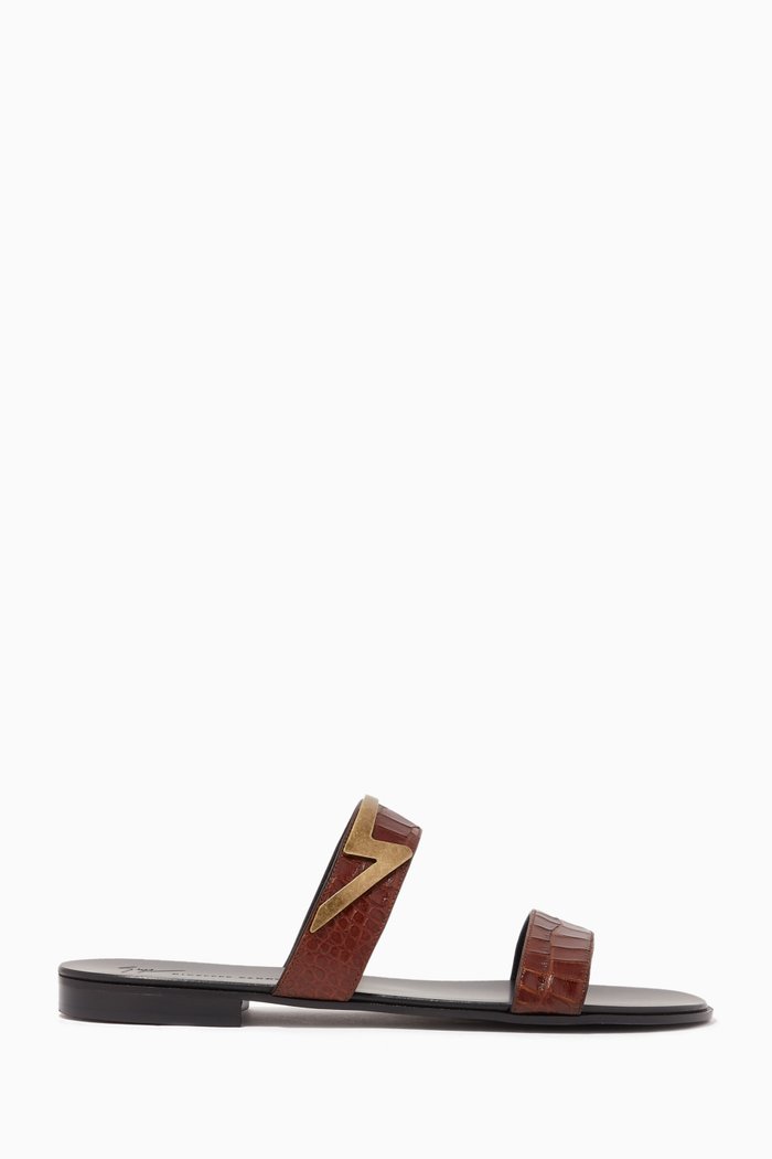 

Zak Flash Sandals in Crocodile-Embossed Leather, Brown