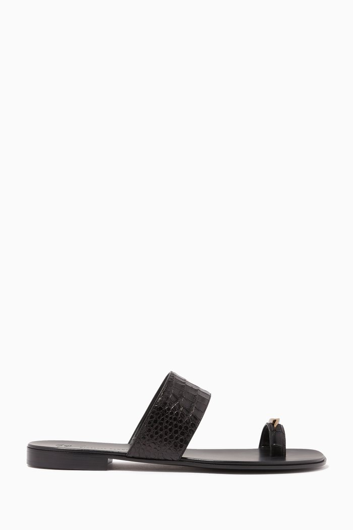 Orlando Sandals in Crocodile-Embossed Leather, Black
