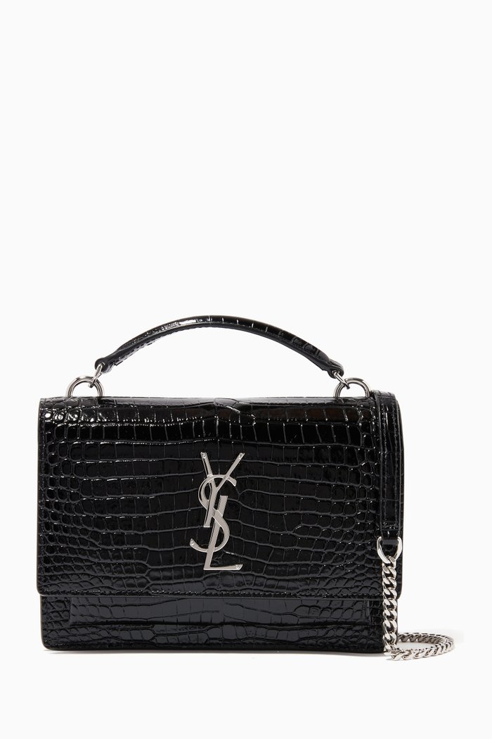 

Sunset Chain Wallet in Crocodile Embossed Shiny Leather, Black