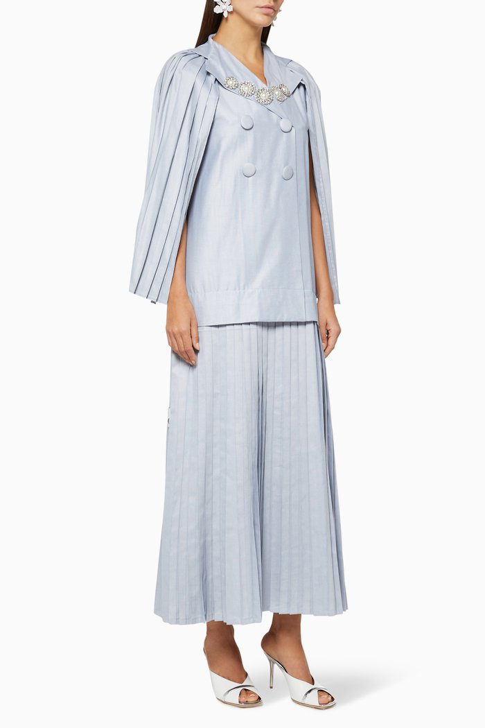

Embellished Pleated Cotton Dress, Blue