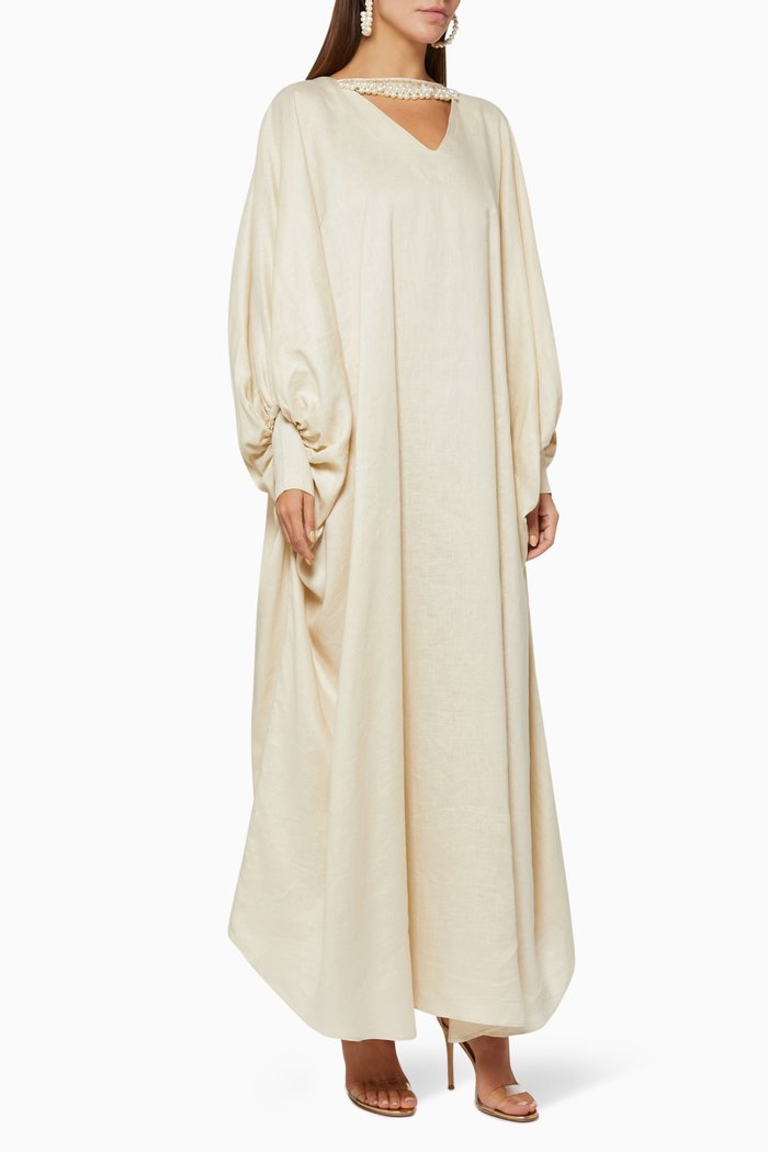 

Pearl Embellished Linen Kaftan, Neutral