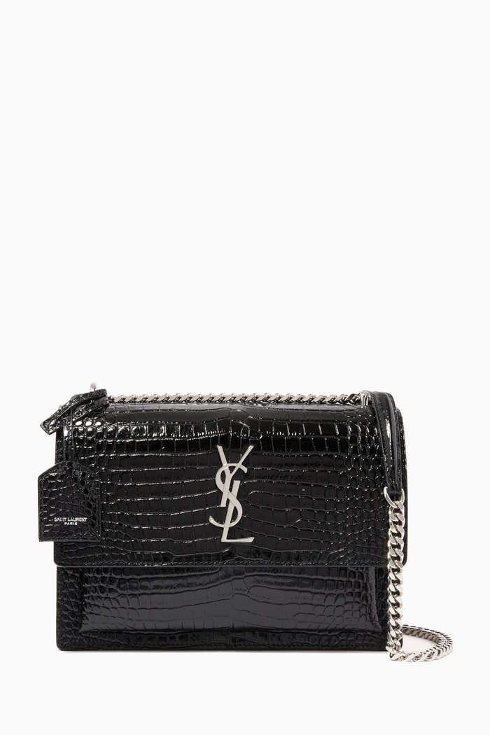 

Medium Sunset Bag in Crocodile Embossed Shiny Leather, Black