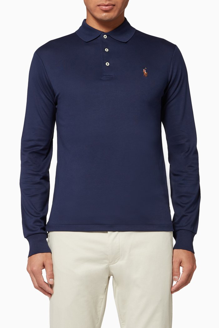 

Slim Fit Mesh Long Sleeve Polo, Blue