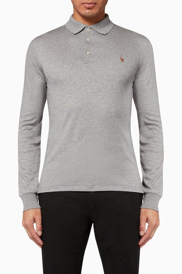 

Slim Fit Mesh Long Sleeve Polo, Grey