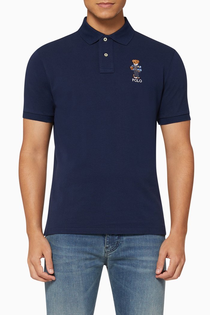 

Custom Slim Fit Bear Mesh Polo, Blue