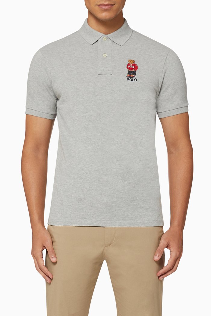 

Custom Slim Fit Bear Mesh Polo, Grey