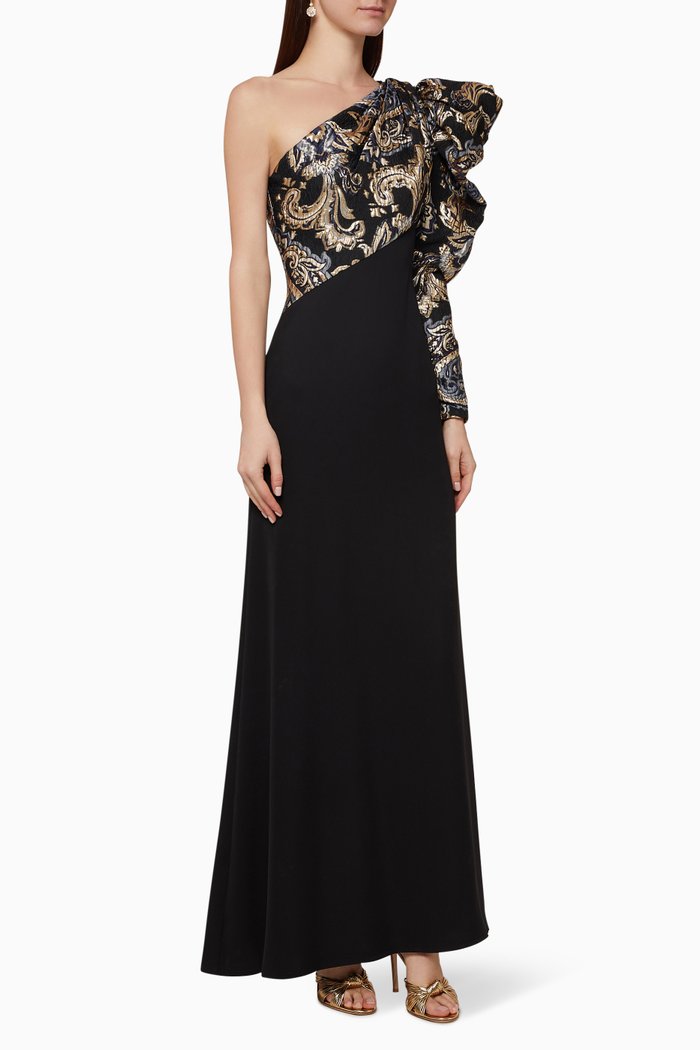 

Embroidered One-Shoulder Gown, Black