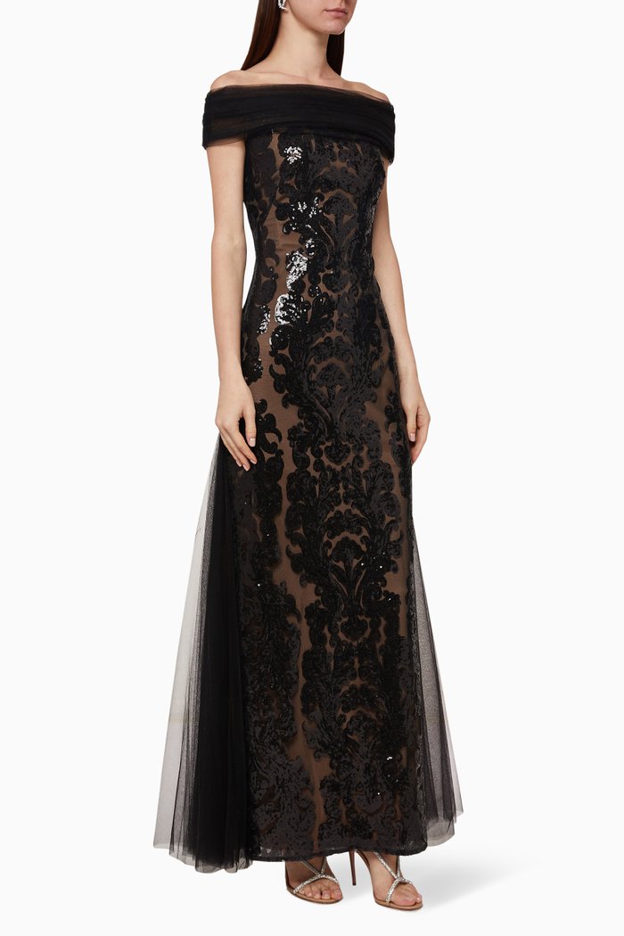 

Sequin Embellished Mesh Gown, Black