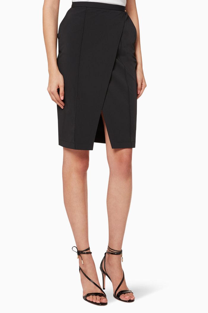 

Bi-Elastic Fabric Wraparound Skirt, Black