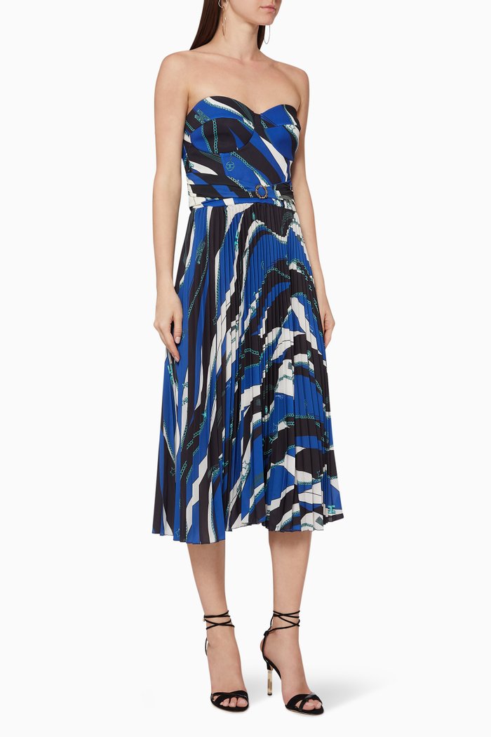 

Foulard-Print Pleated Midi Dress, Blue