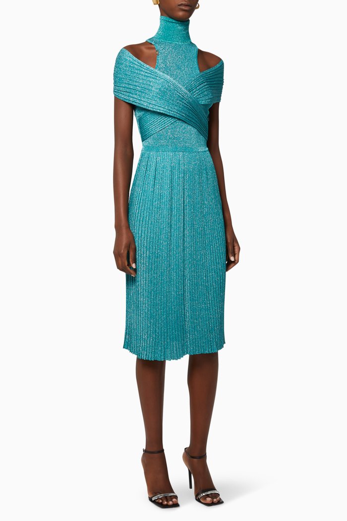 

High Collar Pleated Dress, Blue