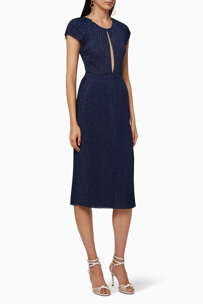 Pleated Lurex Jersey Dress, Blue