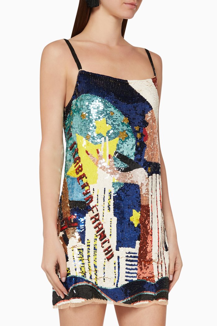 

Sequined Poster Print Mini Dress, Multicolour