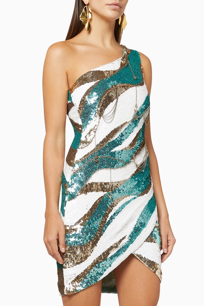 

One-Shoulder Sequin Mini Dress, Blue