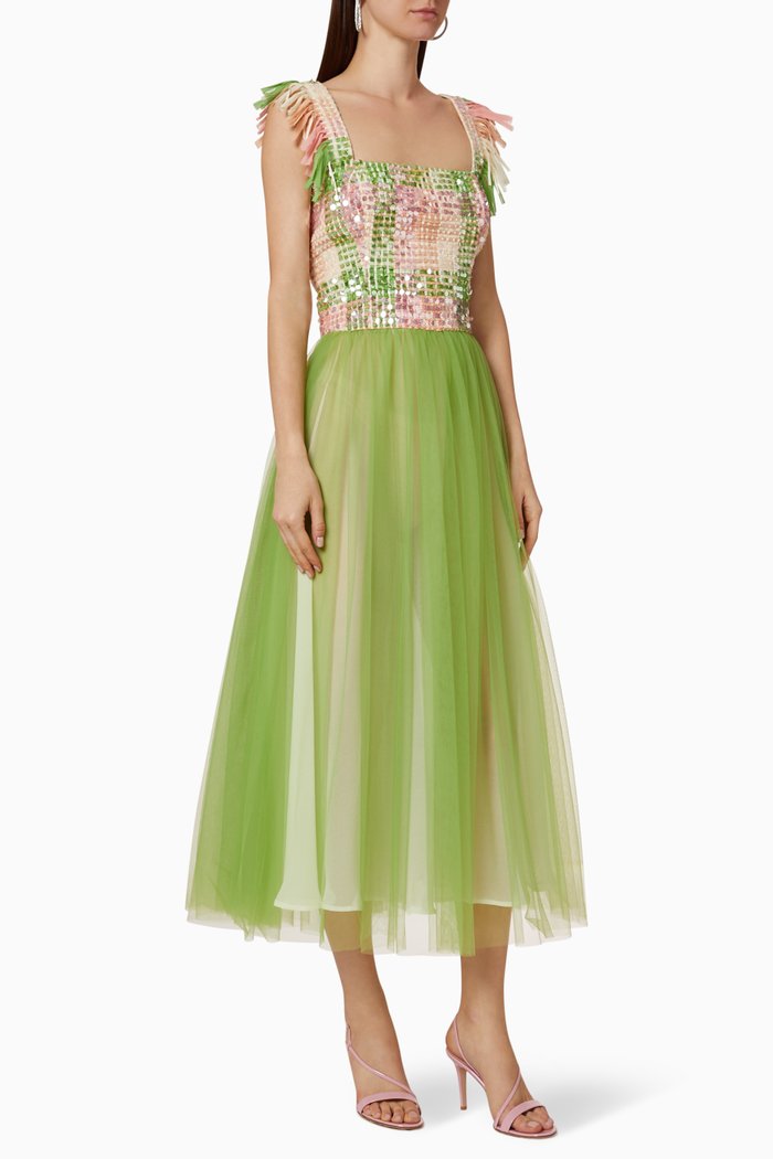Fringe Sequen Tulle Dress, Green