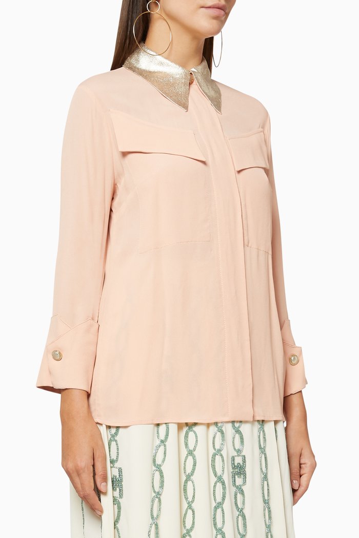 Lamé Collar Crêpe Blouse, Pink