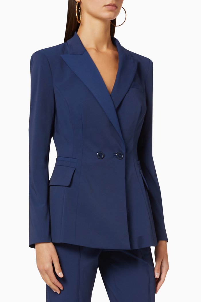 

Bi-Elastic Fabric Double-Breasted Jacket, Blue