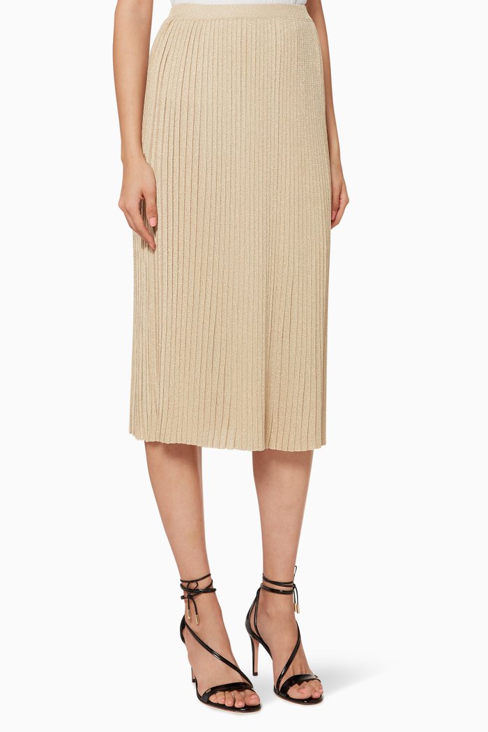 Pleated Lurex Jersey Skirt, Brown