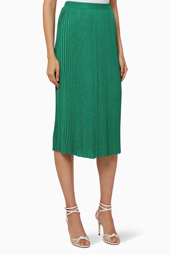 Pleated Lurex Jersey Skirt, Green