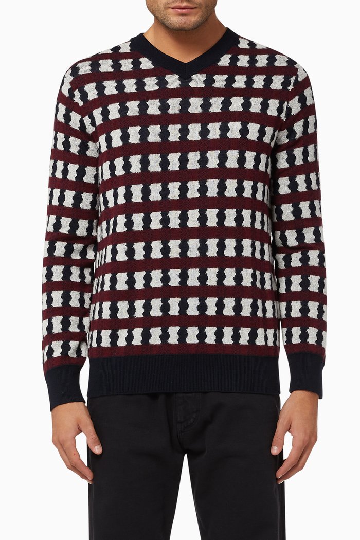 

Checked Striped Jacquard Knit Sweater, Blue
