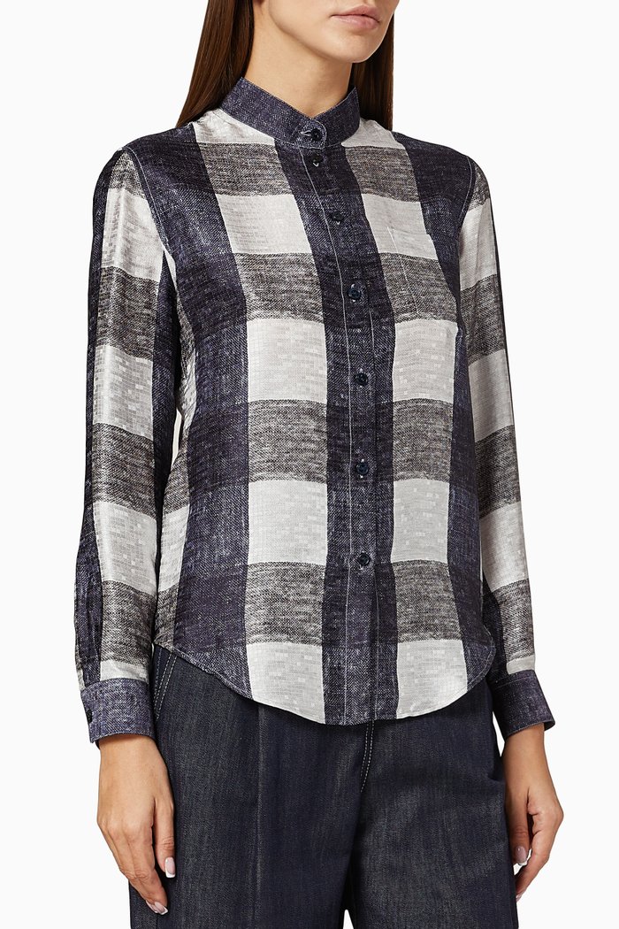Macro Check Silk Shirt, Blue