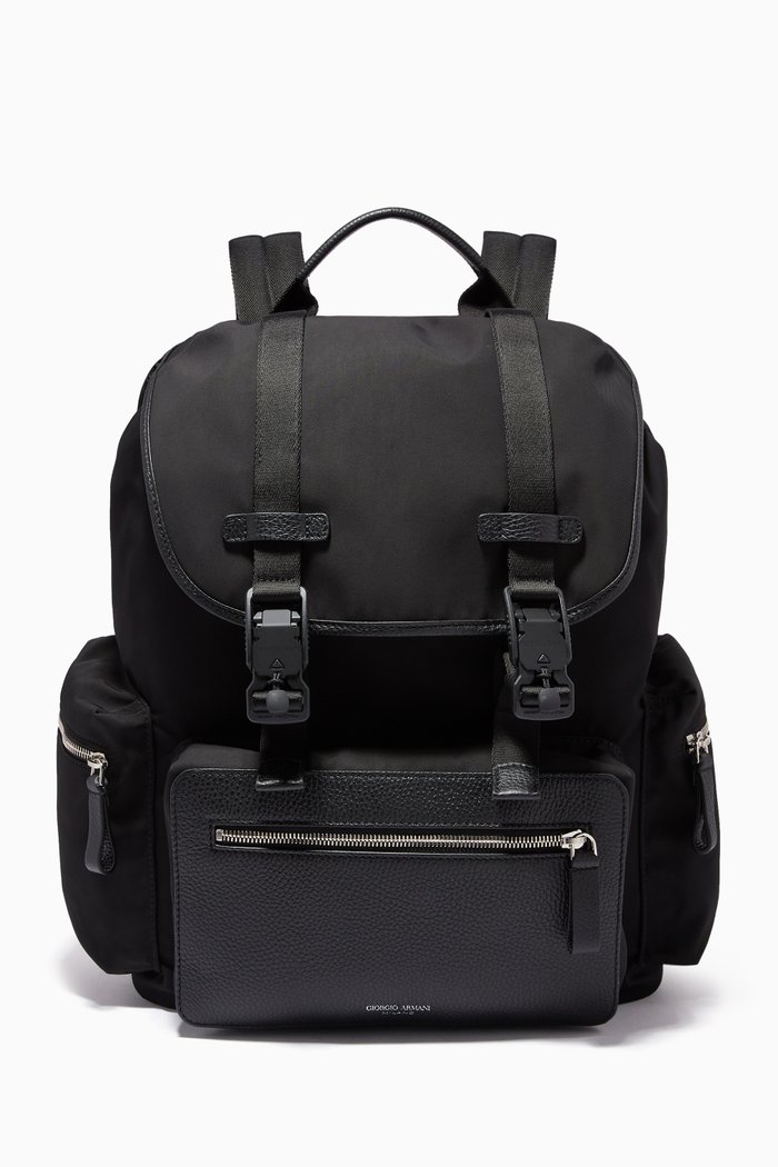 

Colour Block Backpack in Leather & Polyester, Black
