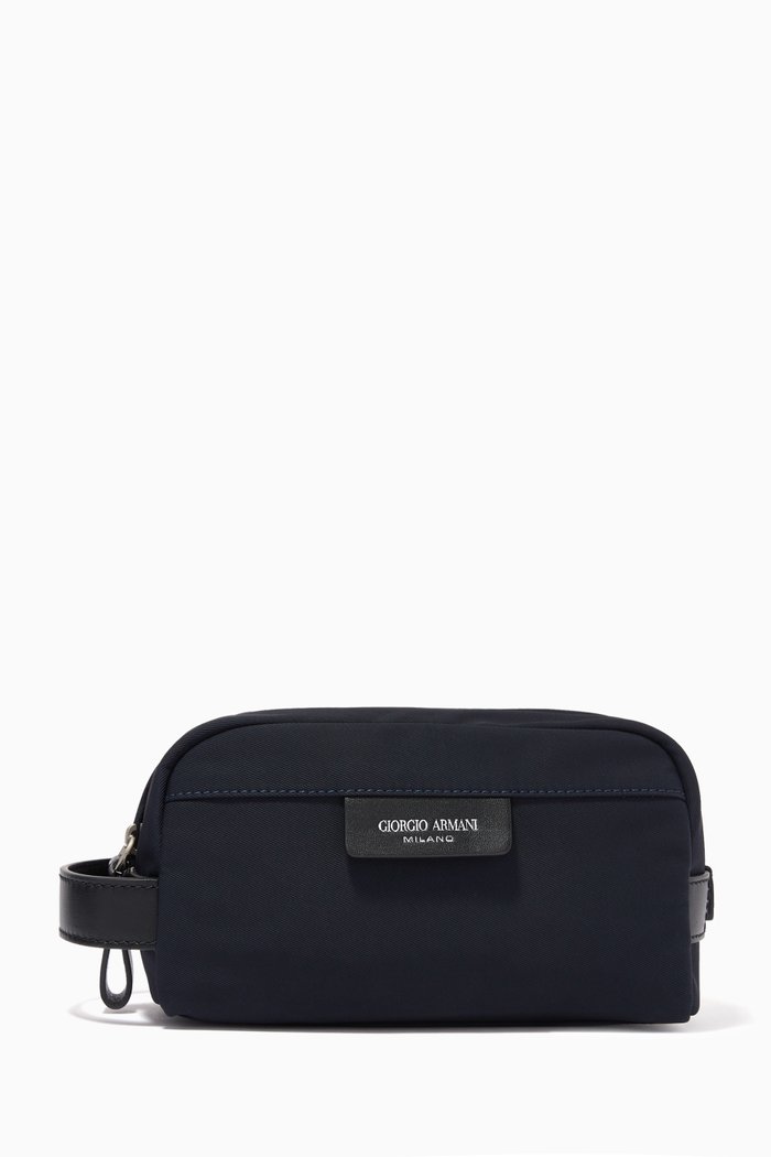 

Logo Wash Bag in Nylon Twill & Bovine Leather, Blue