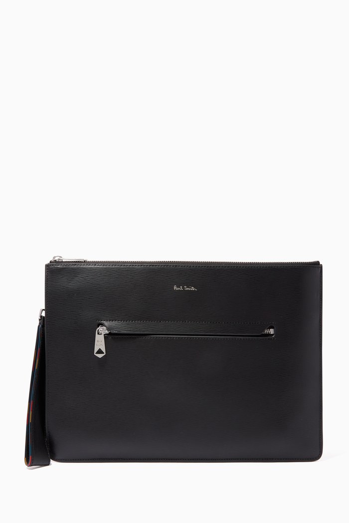 

Bright Stripe Document Pouch in Leather, Black