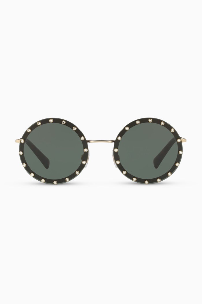 

Crystal Studded Round Frame Metal Sunglasses, Black