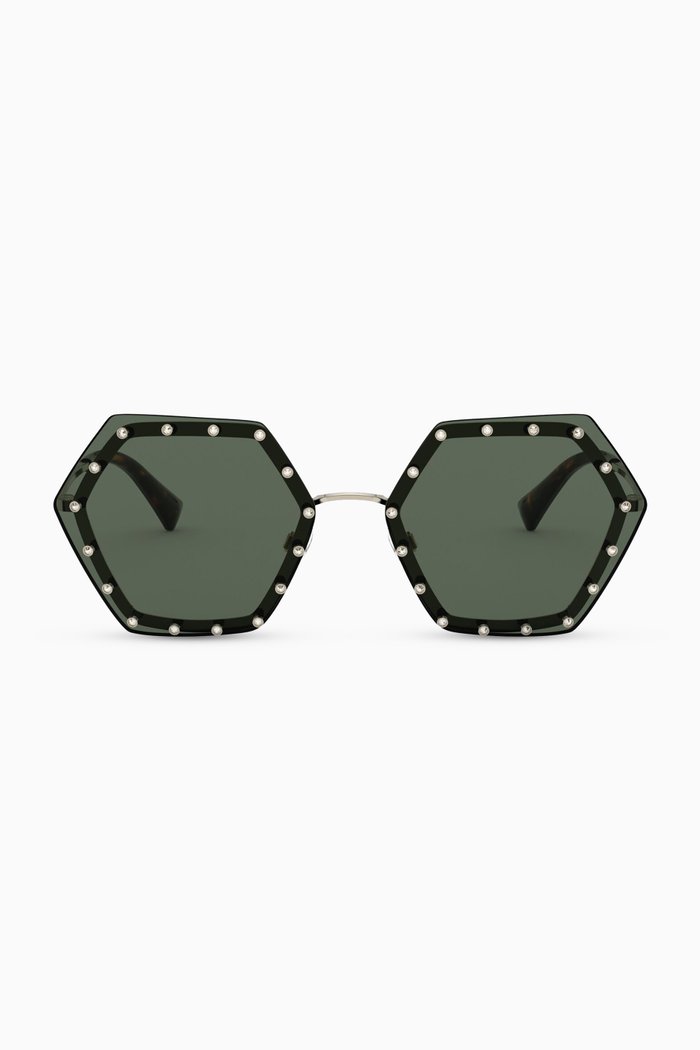

Crystal Studded Hexagonal Frame Metal Sunglasses, Black