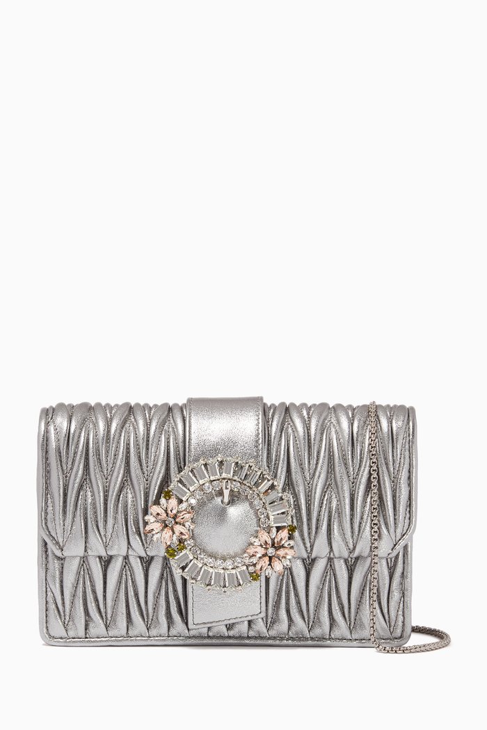 

Embellished Clutch Bag in Matelassé Leather, Silver