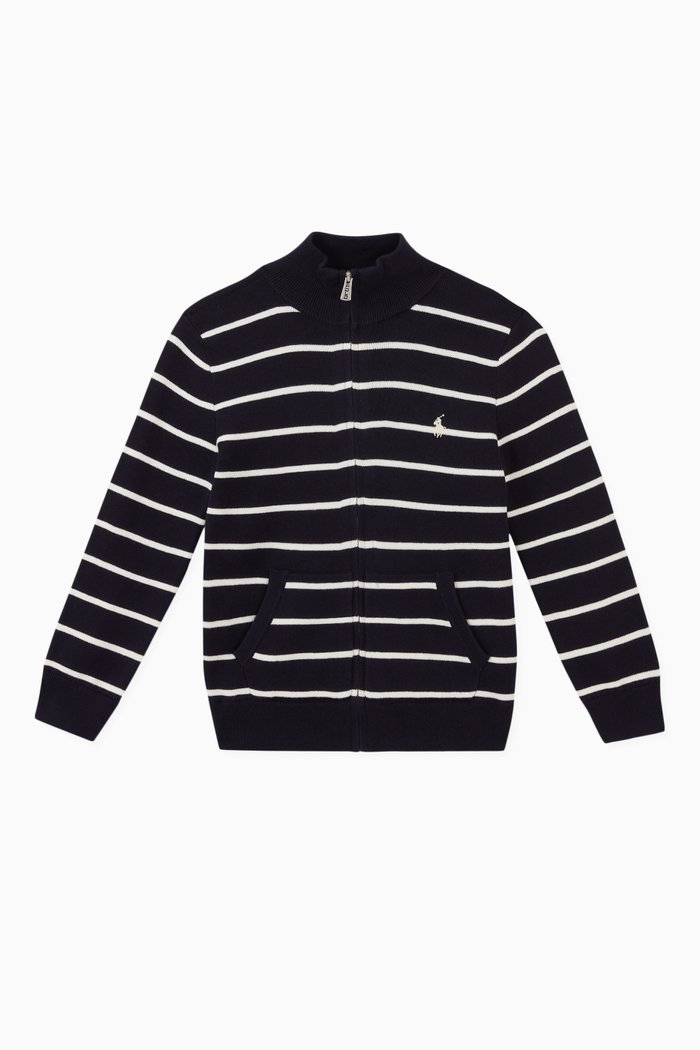 

Striped Zip-Up Cotton Jumper, Blue