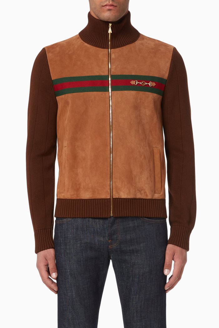 

Suede & Knit Cotton Bomber Jacket, Brown
