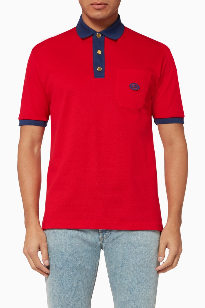 

Interlocking G Patch Cotton Polo Shirt, Red