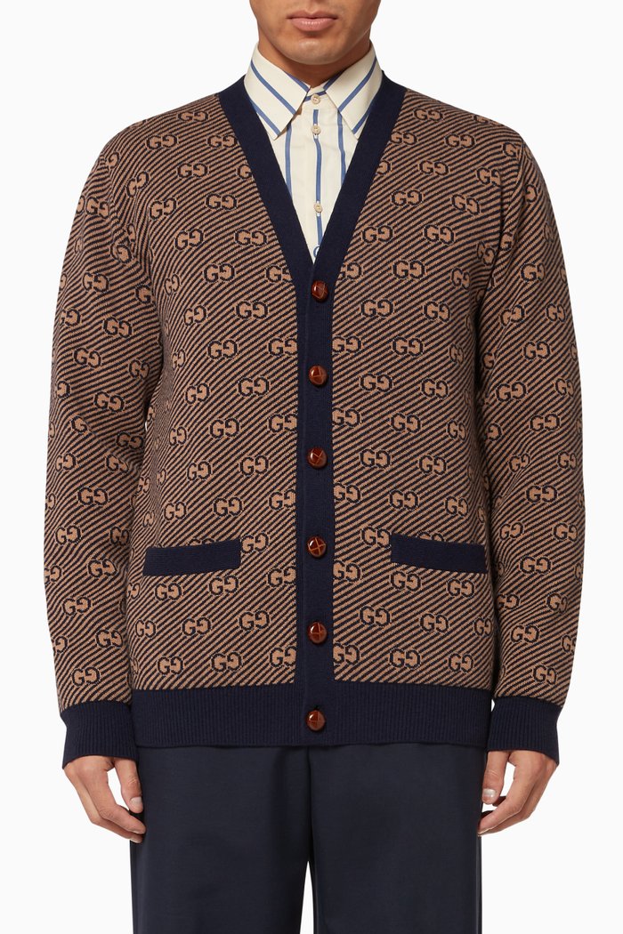 

GG Stripe Wool Cardigan, Neutral