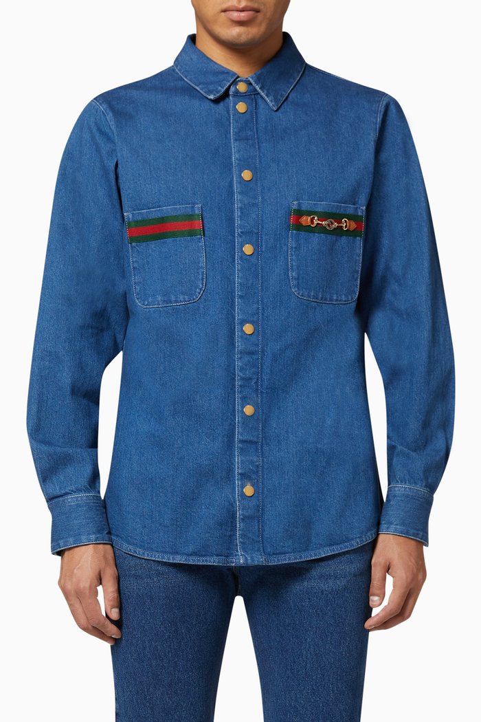 

Stonewashed Web Denim Shirt, Blue