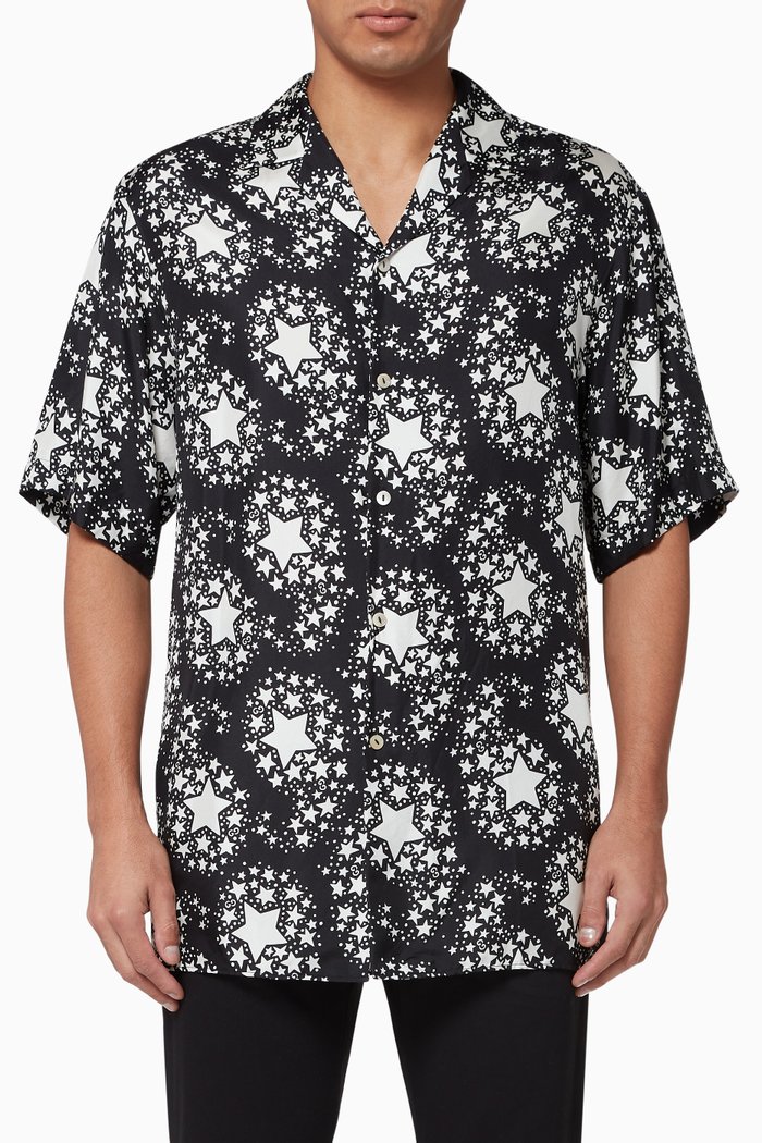 

Star Print Silk Oversize Bowling Shirt, Black