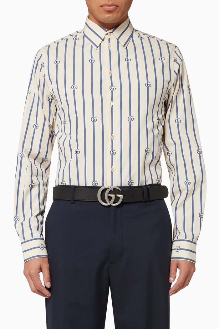 

Double G Stripe Cotton Shirt, Blue