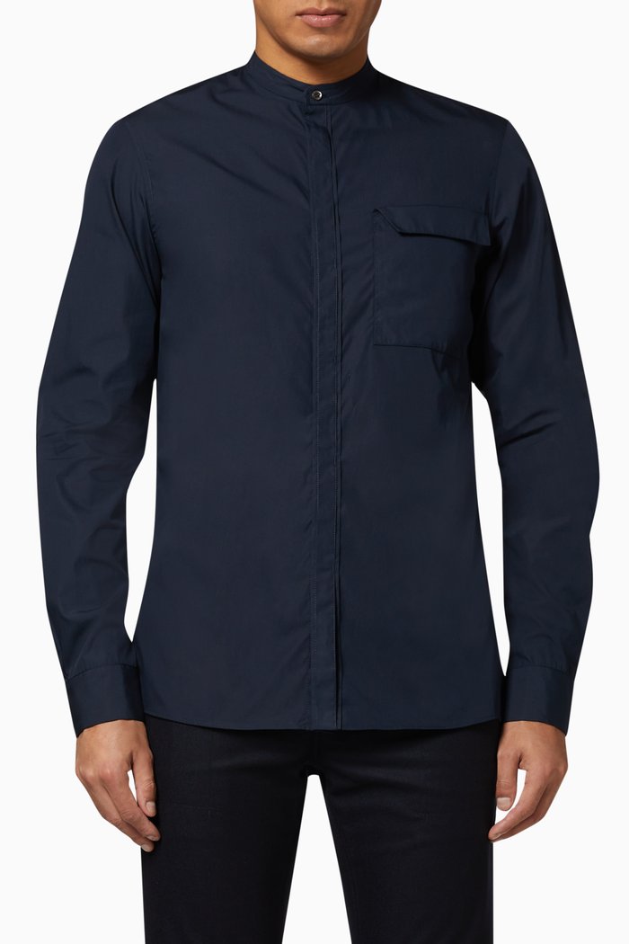 

Grandad Collar Cotton Shirt, Blue
